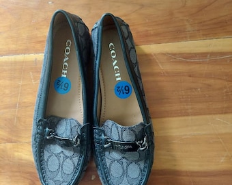 Black and Gray Coach Signature Monogram Loafers