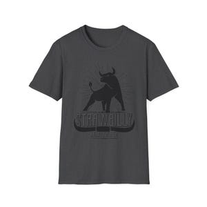 May include: Dark gray t-shirt featuring a black bull silhouette with a sunburst design. The shirt has the text "STRAWBILLY" above a stylized mustache and the text "KGMU PROPER" below.
