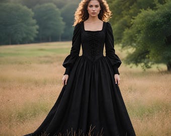 Black Lace-Up Bodice Gown | Long Sleeve Gothic Dress | Historical Renaissance Costume | Elegant Fantasy Gown | New Year