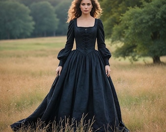 Black Lace-Up Bodice Gown | Long Sleeve Gothic Dress | Historical Renaissance Costume | Elegant Fantasy Gown | New Year