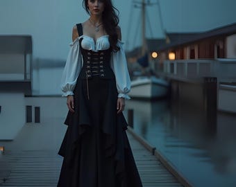 Gothic Black & White Pirate Costume, Evil Queen Movie Dress, Medieval Tavern Peasant Gown, Cottagecore Fairytale, Steampunk Wench Outfit