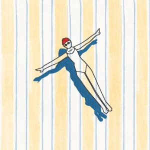 Könnte beinhalten: Illustration eines Schwimmers in einem weißen Badeanzug, roter Badekappe und Sonnenbrille, Arme ausgestreckt. Der blaue Schatten des Schwimmers wird auf einen Hintergrund aus vertikalen gelben, weißen und blauen Streifen geworfen. Das Kunstwerk hat einen minimalistischen Stil.
