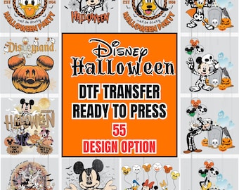 May include: A collection of Disney Halloween-themed DTF (Direct to Film) transfer designs. The designs feature characters like Donald Duck, Mickey Mouse, and Pluto in Halloween costumes. The text on the orange background reads "Disney Halloween DTF Transfer Ready to Press 55 Design Option."