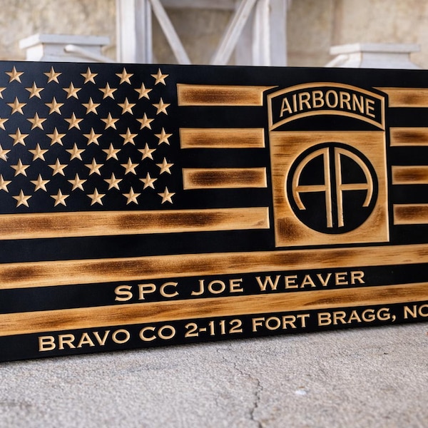 Subdued American Airborne Burned Wooden Flag – Personalized Military Retirement Gift, Veteran Wall Art