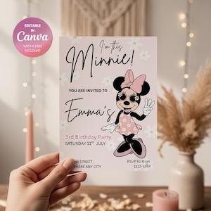 May include: A pink Minnie Mouse birthday party invitation with the text "I'm this Minnie!" and "Emma's 3rd Birthday Party". The invitation features a Minnie Mouse illustration and daisy accents. The invitation is editable in Canva.