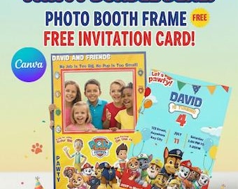 Bewerkbare Paw-ty Photobooth-lijst en uitnodigingssjabloon voor verjaardag | Afdrukbare uitnodiging voor kinderfeestje | Afbeelding direct downloaden