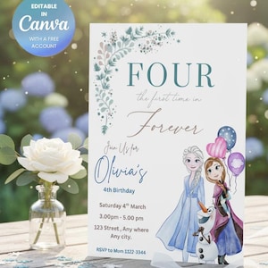 Pode incluir: Um cartão de convite branco com o texto "FOUR" e "Olivia's 4th Birthday". O cartão apresenta ilustrações de duas personagens animadas e um boneco de neve, com balões. O texto "Editable in Canva" também está presente.