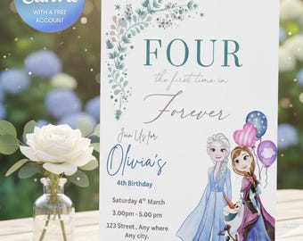Frozen 4th Birthday Invitation, Elsa and Anna Theme (Editable in Canva)