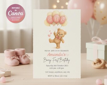 Inbjudan till 1-årsdag med nallebjörn, rosa ballonger (digital mall)
