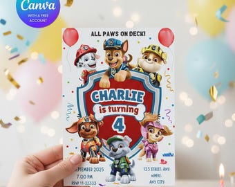 "Geburtstagseinladung ""Paw-ty"" Vorlage: Puppy Patrol, Kids Bday (Instant Download)"