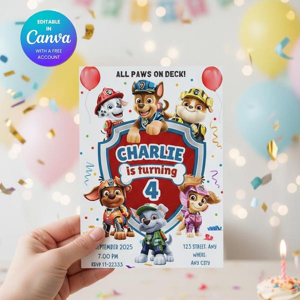 Paw-ty Birthday Invitation Template: Puppy Patrol, Kids Bday (Instant Download)