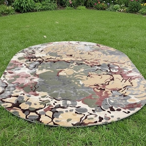 Hand Knotted Wool Silk Oval Rug 8x11 | High Low Pile, Abstract Geometric