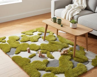 3d Pebble Moss Rug, Hand Tufted Green Carpet 8x10 for Bedroom, Living room