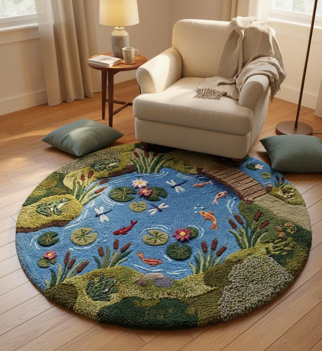 Pond & Garden Canopy Fish Wool Rug,nature-inspired Hand Tufted Carpet ...