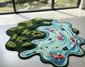 Koi pond irregular random geometric moss rug for kids, Bedroom ,Home Decor rug