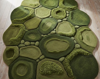 Modern Forest Green biophillic Irregular Moss Rug,Nature-Inspired Hand Tufted Carpet for Living Room