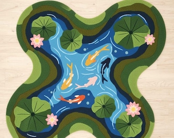 Alfombra de lana irregular con diseño de peces koi para dormitorio, sala de estar y zona de juegos infantil.