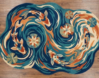 Alfombra con diseño de estanque de peces, alfombra de lana inspirada en la naturaleza, tejida a mano en 3D para sala de estar.