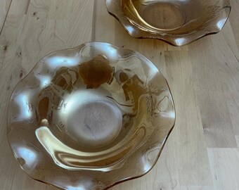 Set of 2 Vintage Marigold Carnival Glass Bowls | Iridescent Ruffled Amber Floral Fruit Bowls