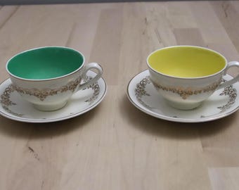 Pair of Grindley Teacups and Saucers, Yellow and Green