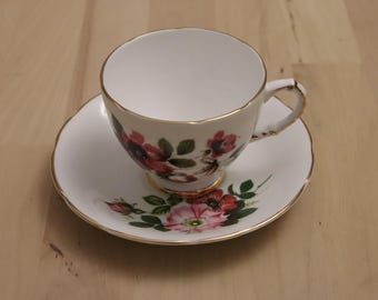 Delphine Bone China Teacup and Saucer, Rose Pattern