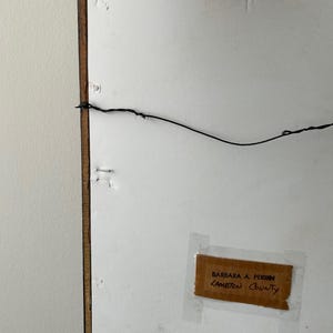 May include: Back of a framed artwork with a brown wooden frame. A black wire is strung across the back for hanging. A label with the text "BARBARA A. PERRIN" and "Lambton County" is taped to the artwork.