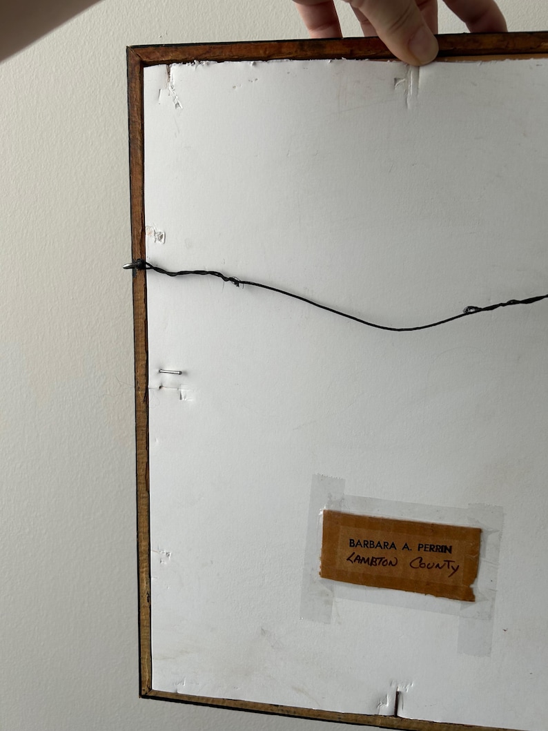 May include: Back of a framed artwork with a brown wooden frame. A black wire is strung across the back for hanging. A label with the text "BARBARA A. PERRIN" and "Lambton County" is taped to the artwork.