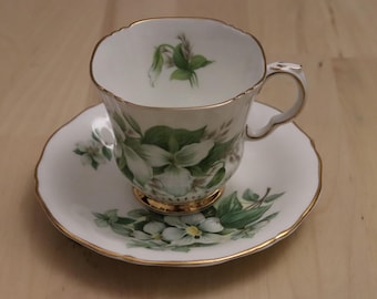 Mismatched Royal Adderley Bone China Teacup and Saucer, Trillium and Dogwood Pattern