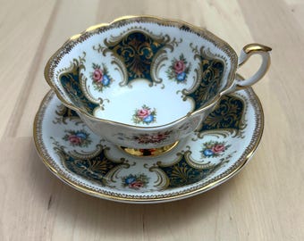 Vintage Paragon Fine Bone China Teal Gold Teacup Saucer