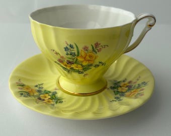 Vintage Queen Anne Tea Cup and Saucer - Yellow with flower bouquet
