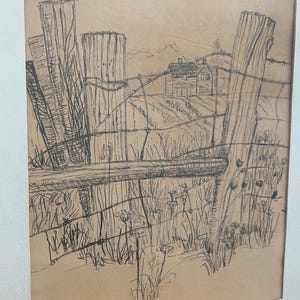May include: A black and white sketch of a rural landscape featuring a wooden fence in the foreground. The fence has vertical posts and horizontal rails, with barbed wire strung between the posts. In the background, a house and rolling hills are visible.