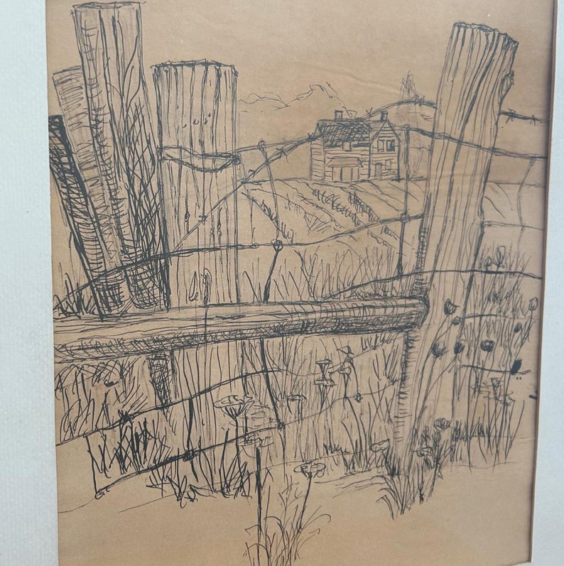 May include: A black and white sketch of a rural landscape featuring a wooden fence in the foreground. The fence has vertical posts and horizontal rails, with barbed wire strung between the posts. In the background, a house and rolling hills are visible.