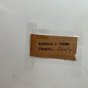 May include: A piece of brown cardboard with the handwritten text "BARBARA A. PERRIN" and "LAMBTON County" is taped to a white surface. The cardboard is slightly torn and the text is in black ink.