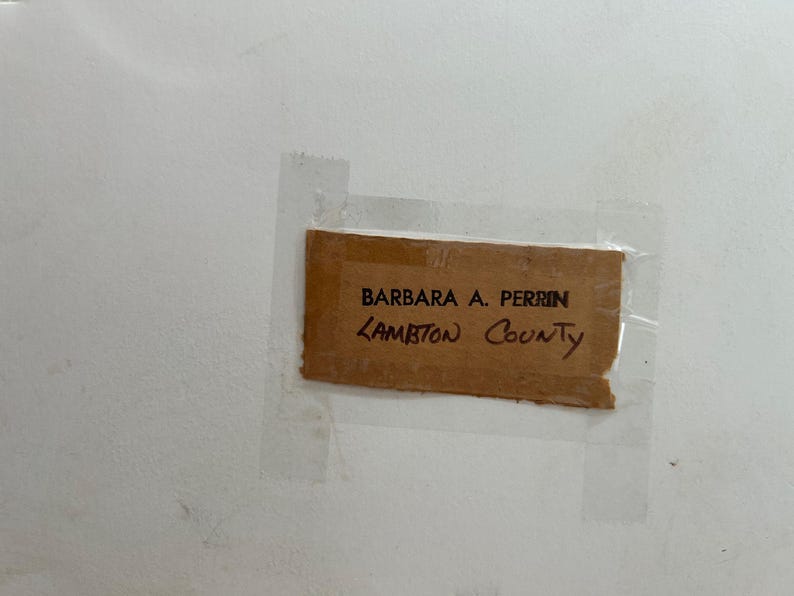 May include: A piece of brown cardboard with the handwritten text "BARBARA A. PERRIN" and "LAMBTON County" is taped to a white surface. The cardboard is slightly torn and the text is in black ink.