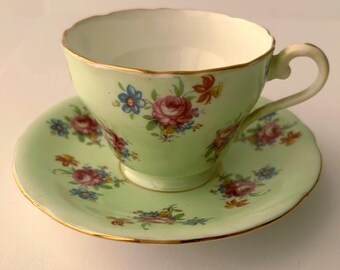 Aynsley Mint Green Floral Teacup & Saucer Duo | Vintage English Bone China Gift