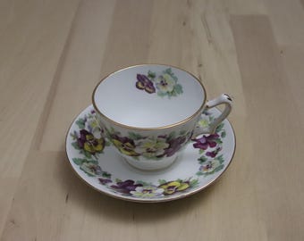 Crown Staffordshire Teacup and Saucer, Pansies Pattern