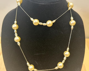 Vintage Faux Pearl Station Necklace | 14K Gold Plated Chain Jewelry | 45cm Delicate Beaded Necklace