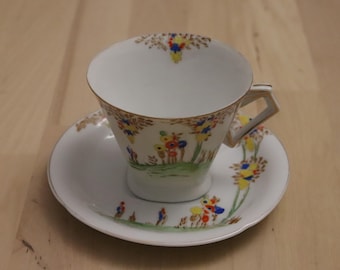 NC Japan Bone Porcelain Teacup and Saucer, Hollyhock Pattern