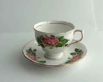 Colclough Bone China Teacup Saucer | Vintage English Pink Rose Tea Set | Footed Gold Gilt