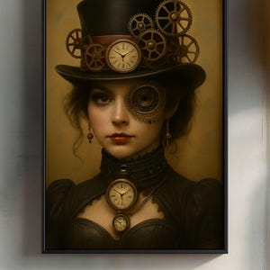 Puede incluir: Retrato enmarcado de una mujer con atuendo steampunk. Lleva un sombrero de copa negro adornado con engranajes y un reloj, una pieza de ojo de reloj y un colgante de reloj. El retrato tiene un tono sepia.