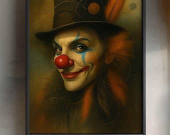 May include: A framed portrait of a clown with a red nose, blue face paint, and a top hat. The clown has orange hair and a feather. The background is a mix of brown and green.