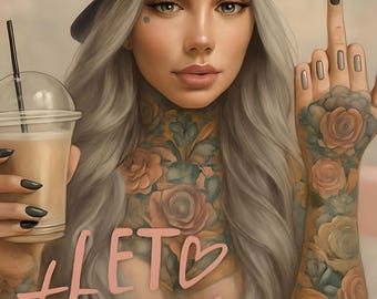 Tätowierte Frau Portrait: Modern Urban Kunstdruck - Rose Tattoo