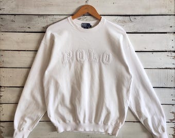 Vintage 90s DISTRESSED Polo Ralph Lauren Sweatshirt Polo Crewneck Polo Pullover Polo Sweater Polo Jumper Embroidery Logo White Color Men's M