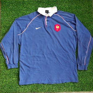 Vintage DISTRESSED France Rugby Union Shirt Long Sleeve Jersey France Shirt France Pullover France Jumper Embroidery Logo Blue Color Mens XL