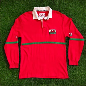 Vintage Wales Rugby av Cotton Traders långärmad tröja Wales skjorta Wales pullover Wales jumper broderad logotyp röd färg herr M