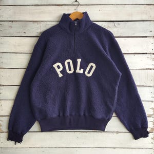 SÄLLSYNT Vintage 90-tals SLITEN Polo Sport Ralph Lauren Sweatshirt Polo Half Zip Polotröja Polo Fleece Broderad Logo Blå Färg Herr M