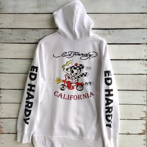 Vintage DISTRESSED Ed Hardy Hoodie Ed Hardy Sweatshirt Ed Hardy Pullover Ed Hardy Sweater Printed Logo White Color Men&#39;s Fit XL