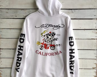 Vintage DISTRESSED Ed Hardy Hoodie Ed Hardy Sweatshirt Ed Hardy Pullover Ed Hardy Sweater Printed Logo White Color Men's Fit XL