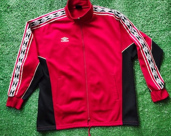 Giacca da tuta vintage anni '90 Umbro Side Tape Maglione Umbro Pullover Umbro Cerniera intera Logo ricamato Colore rosso Uomo Vestibilità L