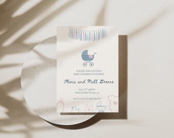 May include: Baby shower invitation with a light beige background. The invitation features a blue and pink color scheme with a stroller graphic and the text "Please join us for a baby shower honoring Olivia and Matt Greens."